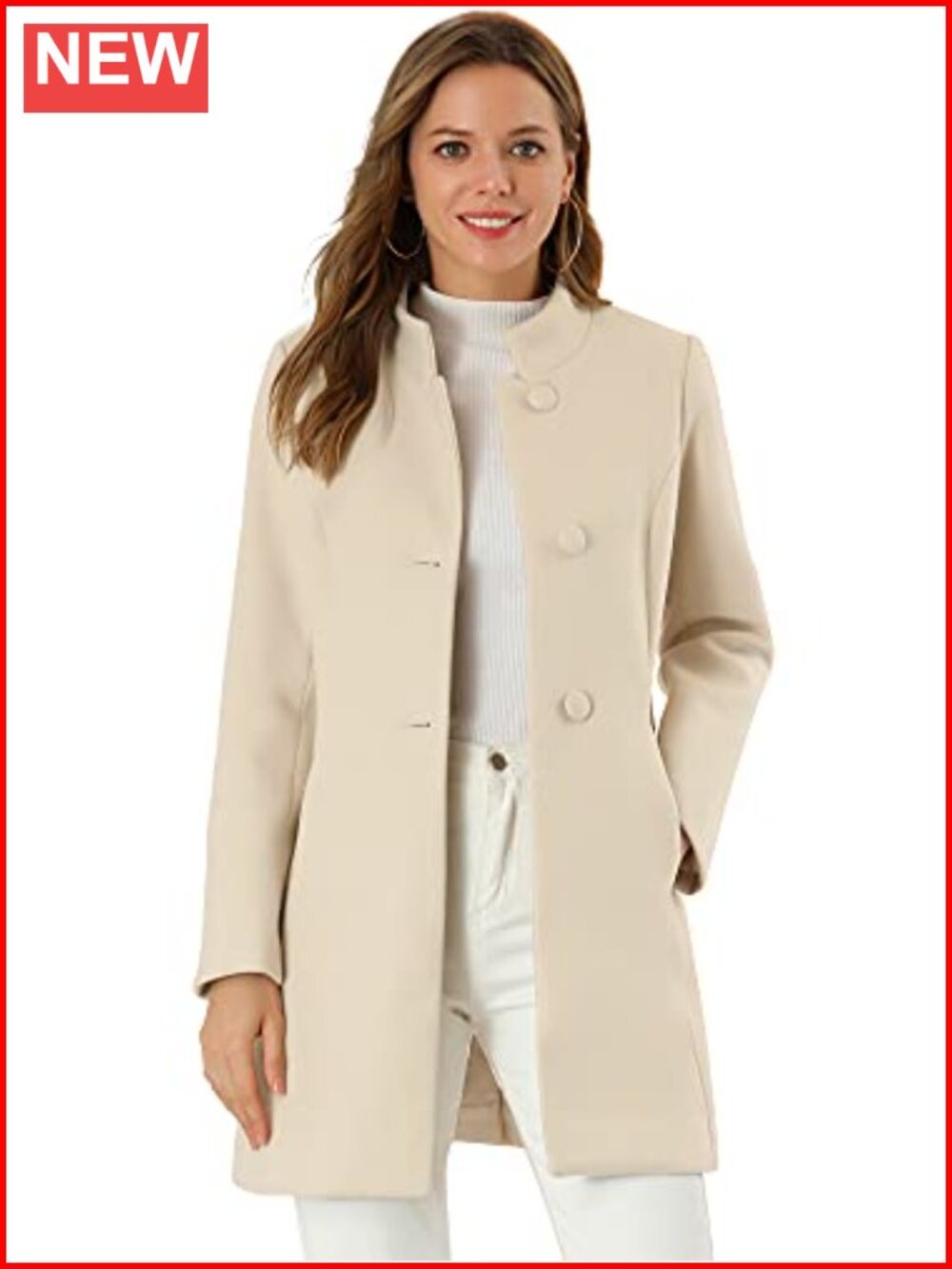 Mid-Length Pea Coat for Women - Long Sleeve Wool Coat